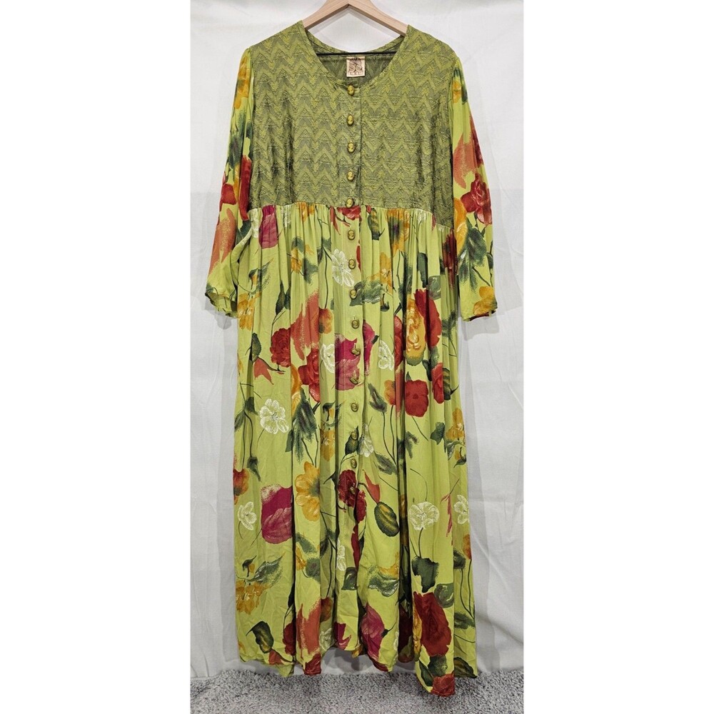 VTG URU Silk Chiffon Artsy Maxi Dress Floral Duster Boho Lagenlook USA One Size